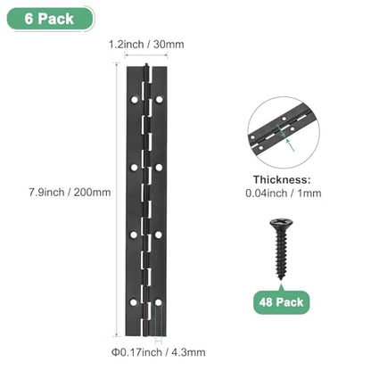 M METERXITY 6-Pack Piano Hinges, 8 Inch / 200mm 304 Stainless Steel Continuous Piano Hinge with Holes and Screws for Cabinets Door/Storage Box [1.2X 0.04/ 30x 1mm Open Width Thick, Black] - size: 8 Inch