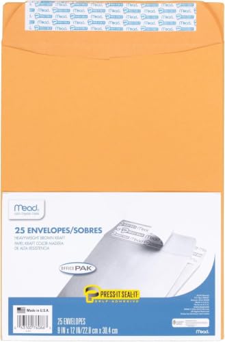 Mead Envelopes, Press-It Seal-It Self Adhesive Closure, Brown Kraft All-Purpose 24-lb Paper, Manila Mailing Envelopes, 25 Count (76086), Letter Size 9 in. x 12 in. / 25-count (Pack of 12) - size: 9 in. x 12 in. / 25-count (Pack of 12)