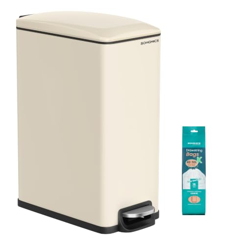 SONGMICS Kitchen Trash Can with Lid, 13-Gallon (50 L) Slim, Stainless Steel - color: Sand Beige, style: 13 Gal.