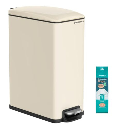 SONGMICS Kitchen Trash Can with Lid, 13-Gallon (50 L) Slim, Stainless Steel - color: Sand Beige, style: 13 Gal.