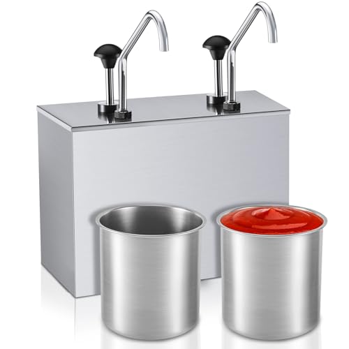 Lasnten Condiment Pump Ketchup Sauce Dispenser 3.7 Quart Stainless Steel Syrup Station Container for Salad Jam Seasoning (3.7 Quart x 2)