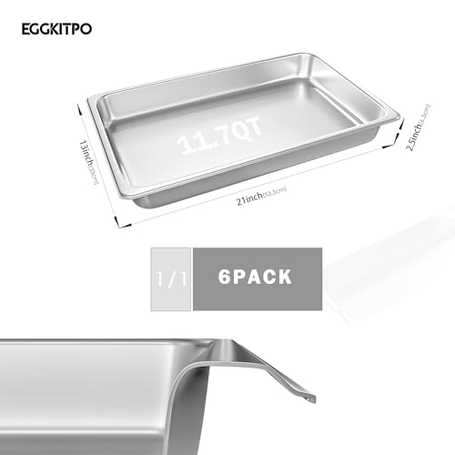 EGGKITPO Full Size Steam Table Pans 6-Pack 2.5 Inch Restaurant Stainless Steel Pan Commercial Catering Food Pan for Commercial Kitchen Supplies - size: 1/1 2.5" deep without lid