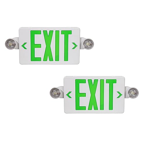GZRUIYANG Exit Sign with Emergency Lights Green, LED Emergency Exit Light with Battery Backup, UL 924 Certified, AC 120/277V, Commercial Emergency Lights Combo for Business - 2 Pack - color: White Housing Green Letter, size: 2 Pack