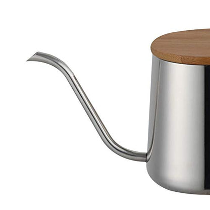 Gooseneck Pour Over Kettle, 12oz/350ml Stainless Steel Coffee Kettle with Wooden Lid, Long Spout for Precise Pouring, Hand Drip Coffee & Tea Pot