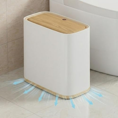 Bathroom Trash Can, 2.1 Gal Small Slim, Plastic White, Faux Wood Grain Lid - color: White and Wood Grain, size: 8L/2.1Gal