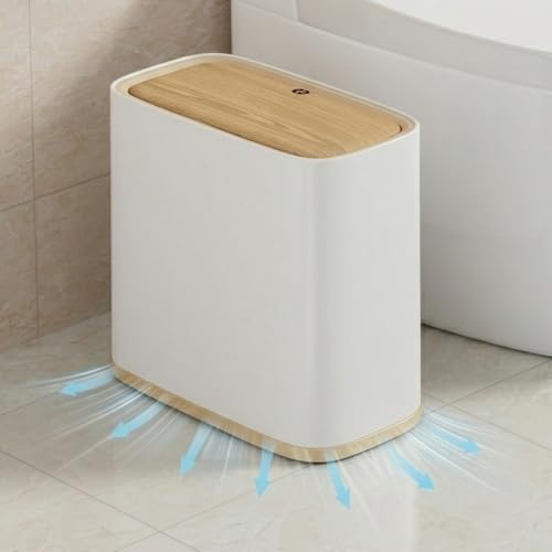 Bathroom Trash Can, 2.1 Gal Small Slim, Plastic White, Faux Wood Grain Lid - color: White and Wood Grain, size: 8L/2.1Gal