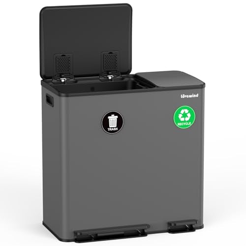 Lovewind Dual Trash Can, 14 + 6 Gallon Garbage Can for Kitchen Dual Compartment Recycling Kitchen Step Trash Bin, Stainless Steel Trash and Recycle Bin Combo with Soft-Close Lid, Grey - color: Gray, size: 14 + 6 Gallon