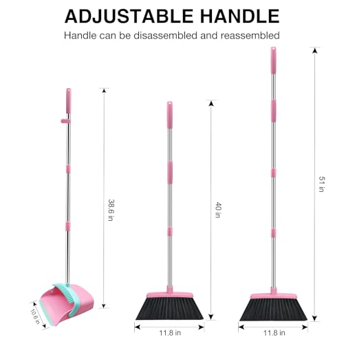 NACENA Broom and Dustpan Set with 52-in Long Adjustable Handle, Pink Blue - color: Pink-blue, size: 1 Pack