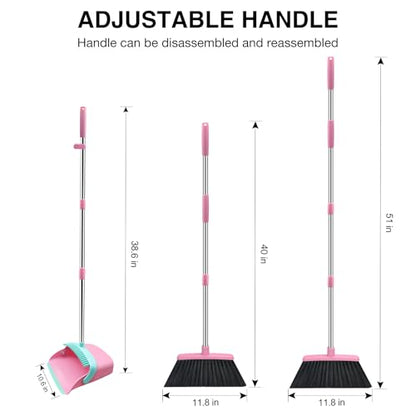 NACENA Broom and Dustpan Set with 52-in Long Adjustable Handle, Pink Blue - color: Pink-blue, size: 1 Pack