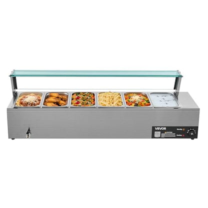 VEVOR Commercial Food Warmer, 1500W Electric Stainless Steel Steam Food Warmer with Glass Cover, 6 x 1/3 Size Pans Buffet Bain Marie with Soup & Perforated Ladles, for Catering, Restaurant & Party - size: 6x1/3Pan