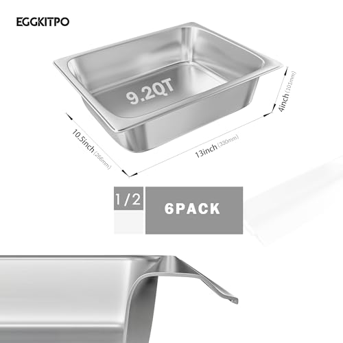EGGKITPO 1/2 Hotel Pans Half Size 6-Pack 4 Inch Deep Silver Stainless Steel Steam Table Pan Tray for Food, Catering Pan for Cafeterias, Hotel and Restaurant - size: 1/2 4" deep without lid