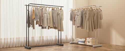 59.4" Double Rod Garment Rack, Metal Heavy Duty Freestanding Clothing Rack with Bottom Shelf, Modern Sturdy Clothes Racks for Bedroom, Boutique Retail Display & Laundry Room, Silver - color: silver