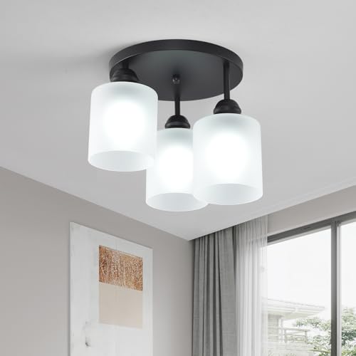 Semi Flush Mount Ceiling Light with Clear Glass Shades,3-Lights Industrial Semi Flush Mount Ceiling Light, 3-Light Industrial Black Light Fixtures Ceiling Mount for Kitchen Living Room Foyer - color: 3-Lights Milk Glass, size: 1 Pack
