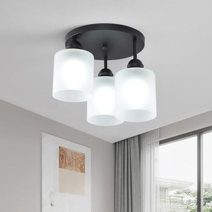 Semi Flush Mount Ceiling Light with Clear Glass Shades,3-Lights Industrial Semi Flush Mount Ceiling Light, 3-Light Industrial Black Light Fixtures Ceiling Mount for Kitchen Living Room Foyer - color: 3-Lights Milk Glass, size: 1 Pack