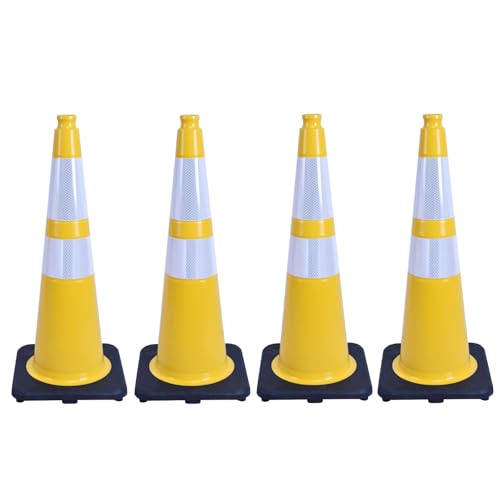 4 Pack 28 Inch Yellow PVC Traffic Cones Black Base Stable Flexible, Road Safety Construction Zone Crowd Control Parking Safety Cones (4, Yellow, 28 Inch) - color: Yellow, size: 28 Inch
