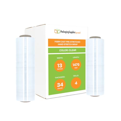 PSBM 4 Rolls 13 Inch x 1476 Feet 34 Gauge Pre-Stretched Film/Wrap, Industrial Strength Clear Shrink/Plastic Wrap for Moving, Packing, Shipping, Pallet Wrapping & Storage - size: 13 Inch, style: 34 GA