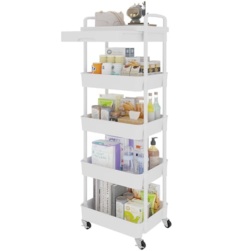 Calmootey 5-Tier Utility Cart with Drawer & Wheels, Storage for Home,Office - color: White, size: 5-Tier
