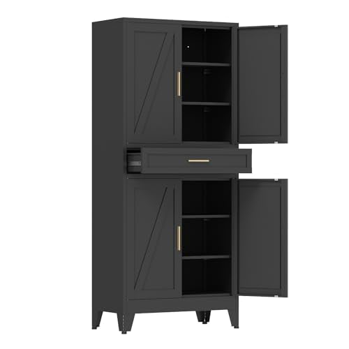 COFaR 71'' Tall Metal Pantry Cabinet with Drawer, Kitchen Storage Cabinet with 4 Doors and Shelves, Freestanding Farmhouse Food Cupboard for Kitchen Dinning Room Garage, Black 6-Tier - color: Black, size: 15.75''D × 31.5''W × 70.87''H-S07