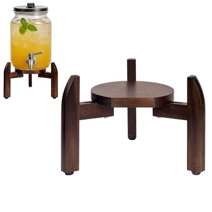 Drink Dispenser Stand Adjustable Width for 5-Gal Jugs & Beverage Jars with Round Flat Tray - Sturdy Walnut Holder for Water Coolers, Plant Pots (Walnut wood color)