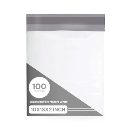 PSBM 100 PCS 10 x 13 Inch White Expansion Poly Mailer, Self Seal Expandable Gusseted Shipping Envelope, Ideal for Packing and Shipping Cloths, Documents, Books, Gifts, Jewelry and More