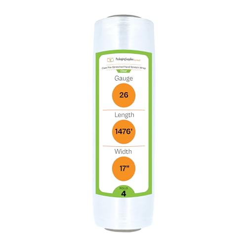 PSBM 4 Rolls 17 Inch x 1476 Feet 26 Gauge Pre-Stretched Film/Wrap, Industrial Strength Clear Shrink Plastic Wrap for Moving, Packing, Shipping, Pallet Wrapping & Storage - size: 17 Inch, style: 26 GA
