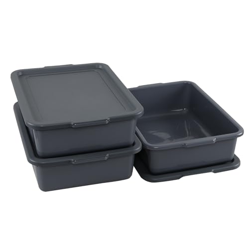 3-Pack 13 L Plastic Commercial Bus Box with Lid, Meat Tubs, Grey