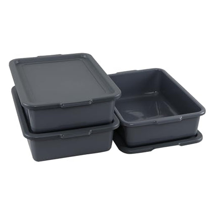 3-Pack 13 L Plastic Commercial Bus Box with Lid, Meat Tubs, Grey