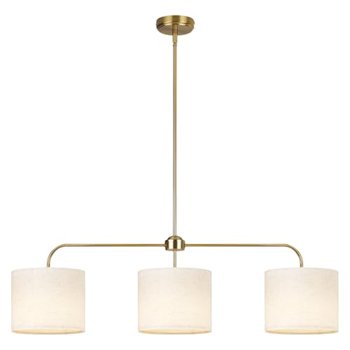 3 Light Gold Linear Chandelier with Linen Beige Drum Shades,Modern Pendant Light Fixture for Kitchen Island,Dining Room,Living Room,Mid-Century Ceiling Light Fixture,Adjustable Height Island Light - color: 3 Light-Gold