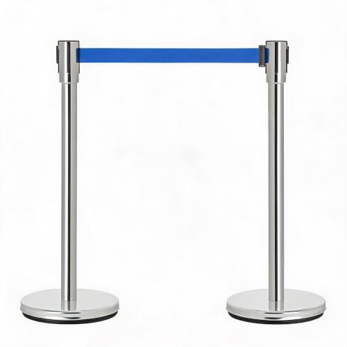 Crowd Control Barriers 2 Pack, 2 Stanchions with 2 Retractable Belts - color: Silver + Blue, size: 2 Stanchions + 2 Belt