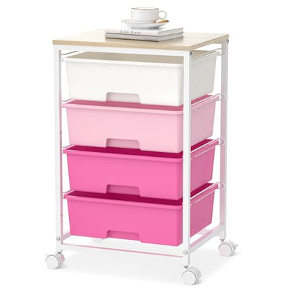 SYKIARIOL Rolling Cart with Drawers, 4-Drawer Utility Cart, Pink - color: Dark Pink
