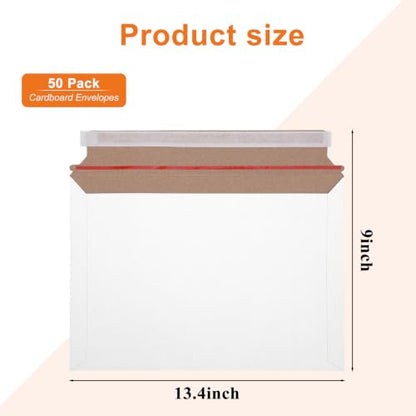 50 Pack Rigid Mailers 13.5x9.1 Inches White Cardboard Envelopes Self Seal Stay Flat Mailer for Photos Documents Papers Files Certificates