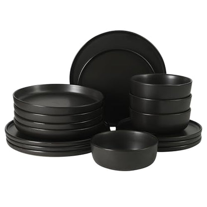 Gibson Elite Bayou Moon Plates and Bowls Sets, 16-Piece Black Matte Stoneware Dinnerware Sets, Solid Color Reactive Glaze Dish Set - color: Matte Black (Bayou Moon)