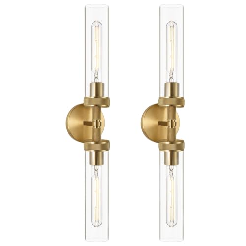 2-Pack Bathroom Vanity Light Fixtures – Modern 2-Light Gold Wall Sconces with Knurled Texture, Clear Glass Shades, Horizontal or Vertical Hardwired Mount, Bathroom Lighting Fixtures Over Mirror - color: Clear Glass-Gold, size: 2 Pack
