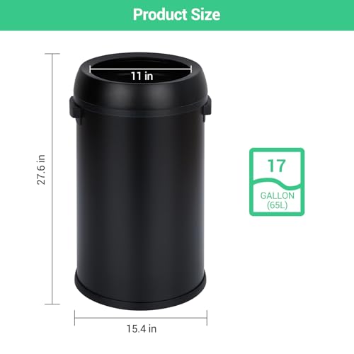 17 Gallon/65 Liter Round Open Top Trash Can, Commercial Grade Heavy Gauge Trash Bin, Stainless Steel Garbage Can, Perfect for Kitchen, Office, School, Restaurant, Matte Black - color: Black Open Top