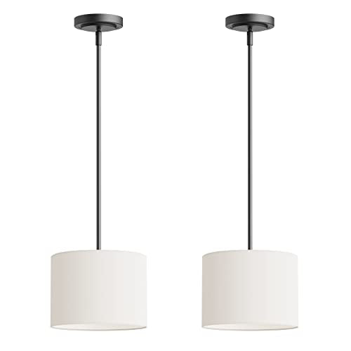 Electro bp;9" Dia White Linen Drum Shade Hanging Pendant Light Fixture with Black Pole Kit,E26,Hardwired,2-Pack; - color: Black 2-Pack Pendant