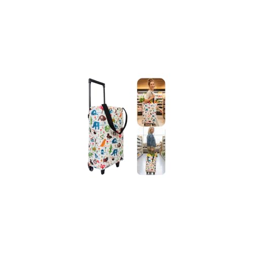 Rolling Shopping Bag, Small Shopping Cart with Wheels,Collapsible Portable Waterproof Tote for Market & Grocery Runs–Gift for Women & Seniors(Zoo) - color: Zoo1