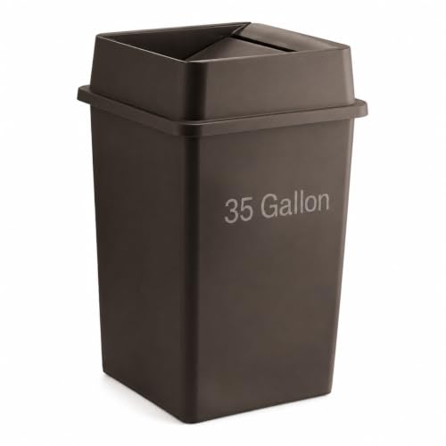 1 Pack Brown 35 Gallon Square Waste Bin with Lid, Durable Commercial Resin Trash Container with Built-in Handles for High-Traffic Restaurant, School, Office and Warehouse - color: Brown, size: 35 Gallon