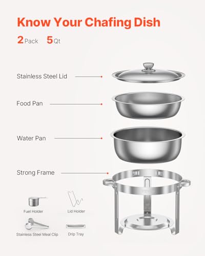 VEVOR Chafing Dish Buffet Set, 5 Qt 2 Pack, Stainless Steel Chafer with 2 Full Size Pans, Round Catering Warmer Server with Lid Water Pan Folding Stand Clip, for Weddings Parties Banquets, Silver - size: 2packs Silver