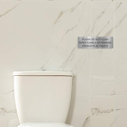 Please Do Not Flush Paper Towels Or Feminine Products In Toilets/Black On Silver 3" x 9" Bathroom Wall Sign/Public Business Restroom Sign/Made In The USA - color: Silver, style: Toilets