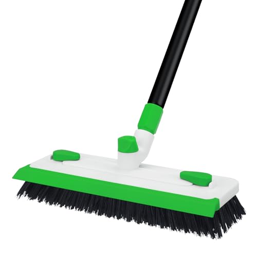 Floor Scrub Brush with Long Handle, 3-in-1 Scrape Scrubber Brush with Squeegee Stiff Bristle Deck Brush for Cleaning Tile Bathroom Patio Deck Garage Grout Kitchen