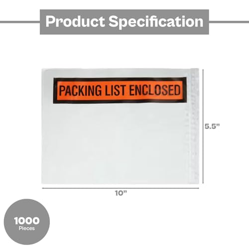 PSBM 1000 PCS, 5.5 x 10 Inch, Panel Face Back Side Load Packing List Envelopes, Orange/Black Printed for Invoices & Slips