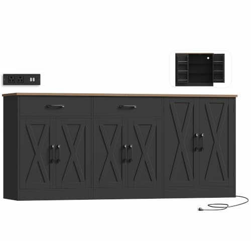 HOSTACK 71" W Kitchen Buffet Cabinet with Storage, Large Coffee Bar Cabinet - color: Black