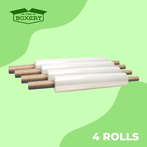The Boxery 20" x 1000' -4 Rolls (4000ft Total) Cast Stretch Wrap with Handles – 60 Gauge Clear Film – Extended Core Hand Wrap for Smooth, Quiet, Heavy-Duty Wrapping