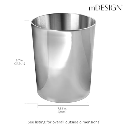 mDesign Round Metal Small 1.7 Gallon Recycle Trash Can Wastebasket, Garbage Container Bin for Bathrooms, Kitchen, Bedroom, Home Office - Durable Stainless Steel - Mirri Collection - 2 Pack - Polished