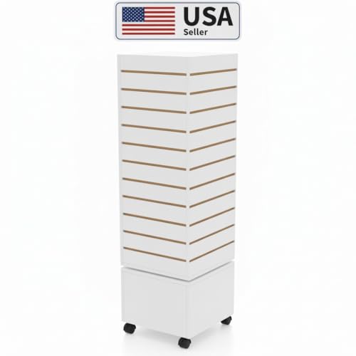 WISDOMFUR Rotating Slatwall Display Rack with Wheels, 4-Sided Retail Merchandise Display Tower, White, 16" W x 16" D x 60" H - color: White