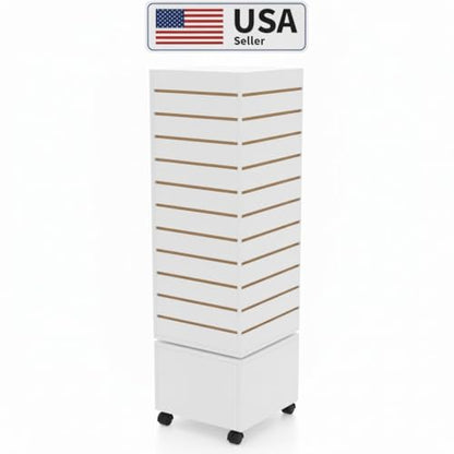 WISDOMFUR Rotating Slatwall Display Rack with Wheels, 4-Sided Retail Merchandise Display Tower, White, 16" W x 16" D x 60" H - color: White