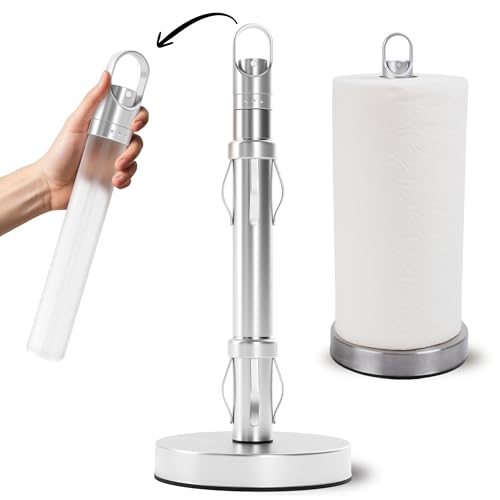 Stainless Steel Paper Towel Holder with Spray Pump – One-Handed Tear, SMART Traction System, 5 oz Sprayer Bottle, Heavy Duty Suction Cups, Weighted Base, Kitchen Towel Dispenser for Countertop Use - color: Silver