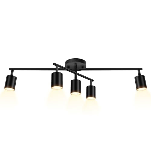 BoostArea 5 Light Track Lighting Kit, Black 5 Way Ceiling Spot Lighting, Center Swivel Track Light Heads, Flexibly Rotatable Light Head for Kitchen, Living Room, Bedroom, GU10 Bulb Not Included - color: Rotatable-5 Light-Black
