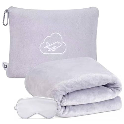 Travel Blanket Pillow,Airplane Blanket Compact with Bag Eye Mask, Ultra-Soft,Warm & Lightweight Included,Travel Essentials for Women & Men, Luggage Sleeve & Backpack Clip 65x40 in, Grey - color: Gray