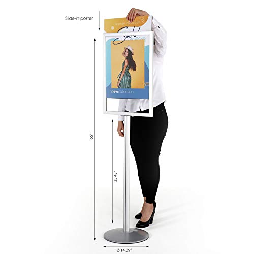 M&T Displays Sign Holder Stand, Silver 22x28 Inch Poster Frame Double Sided Slide-In Aluminum Easy Loading Floor Standing Pedestal Advertisement Post Commercial Menu Holder Round Heavyweight Base